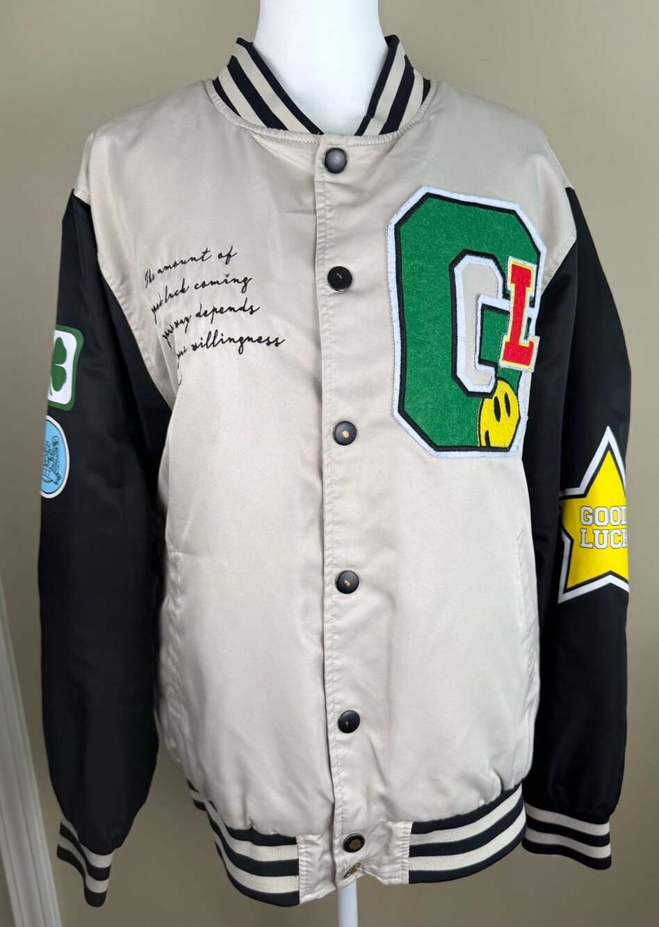 rue21 "Good Luck" Varsity Bomber Jacket - Size Small - Cream/Black Streetwear